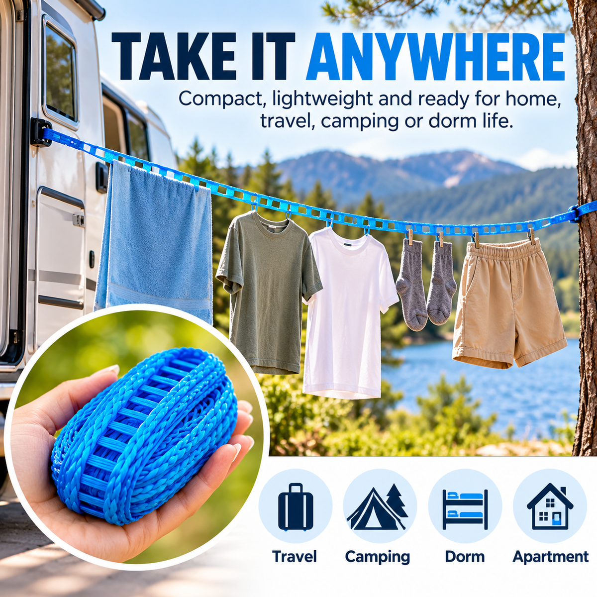 Compact rolled DryEase clothesline used for travel and camping