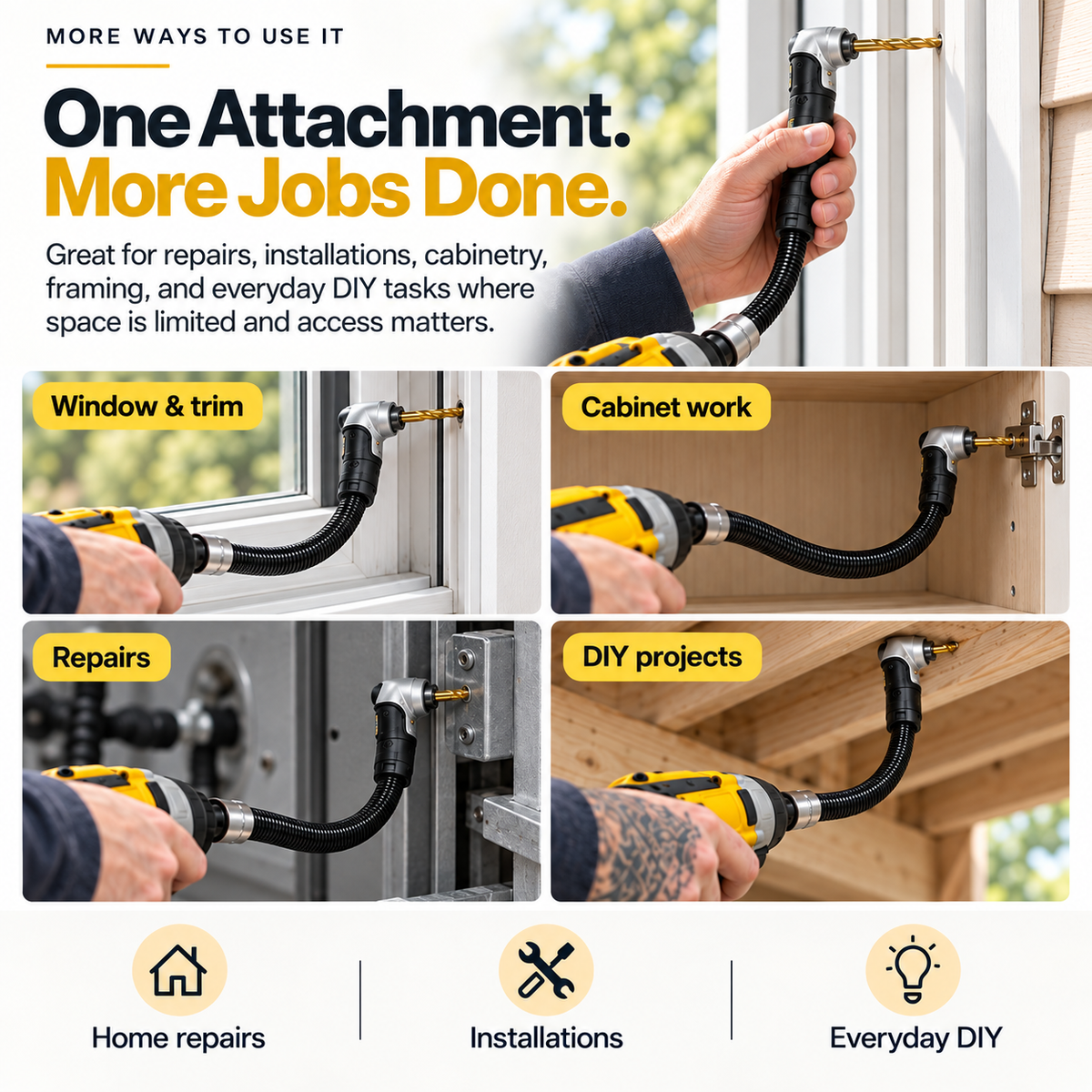Flexible right angle drill adapter used for window trim cabinet repairs and DIY projects