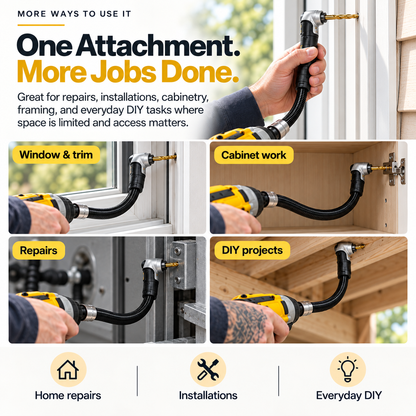 90° Right Angle Drill Adapter™ – Reach Tight Spaces Faster | Flexible Extension Shaft for Effortless Drilling