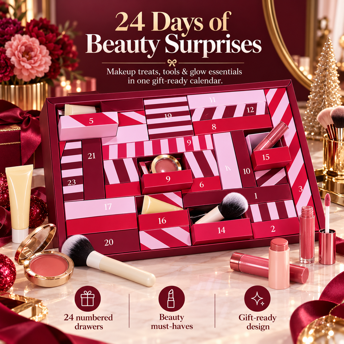24-Day Beauty Advent Calendar for Women, Christmas Makeup Countdown Gift Box with Daily Beauty Surprises, Cosmetics, Brushes & Glow Essentials for Girls, Teens & Makeup Lovers