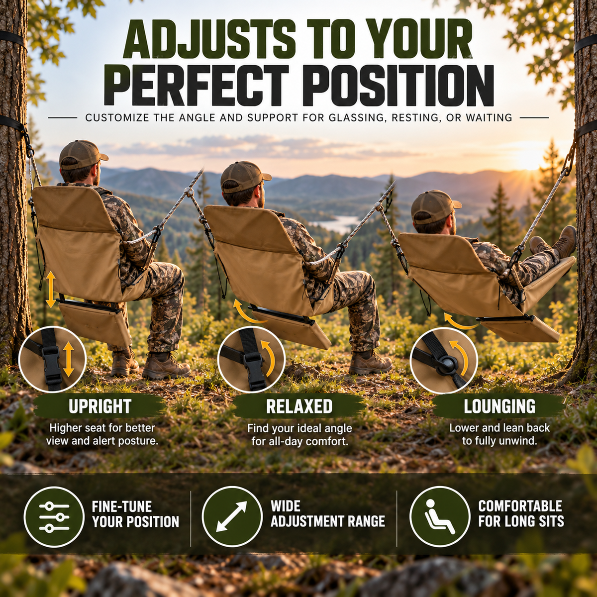 HuntRest upright relaxed and lounging seating positions