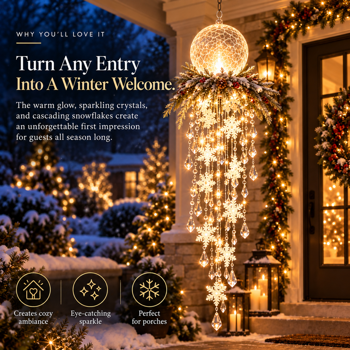 ❄️SnowGlow™ Illuminated Snowflake Hanging Lantern – Winter Entryway Décor