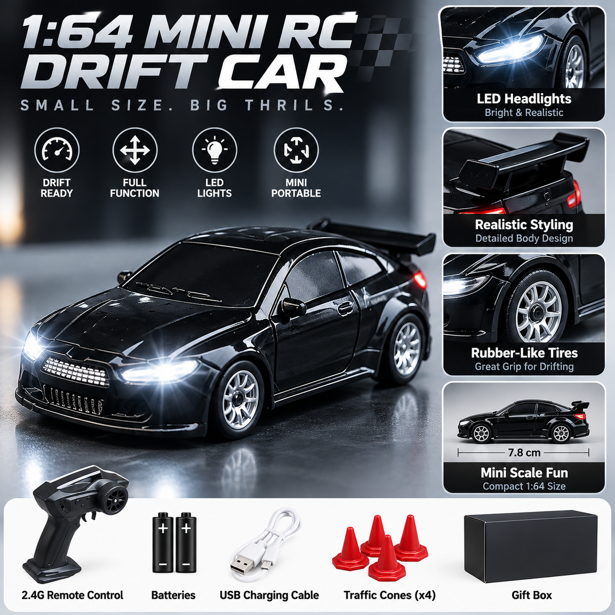 1:64 mini RC drift car showing LED headlights rear spoiler rubber-like tires and controller