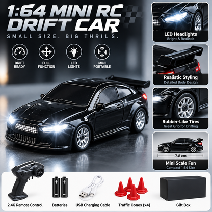 1:64 RC Drift Car, 2.4GHz Remote Control Racing Car with LED Headlights, Rechargeable Mini Drift Car with Traffic Cones, High-Speed Toy Car Gift for Kids & Adults