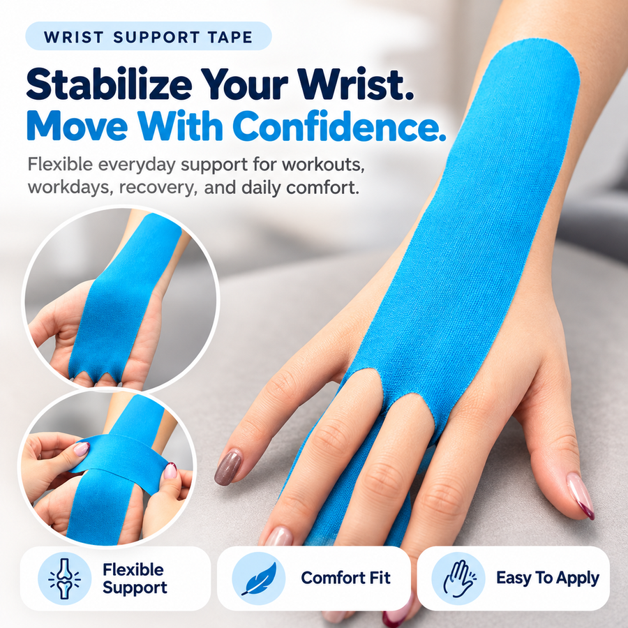 Blue WristFlex Pro wrist support tape fitted along hand and wrist