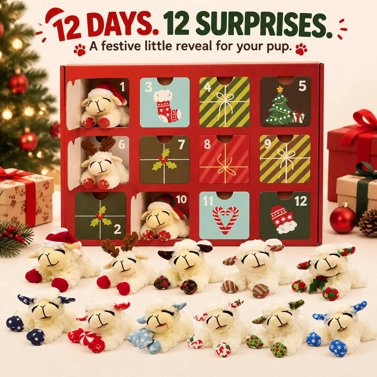 Open advent calendar displayed with a collection of holiday-themed sheep plush toys