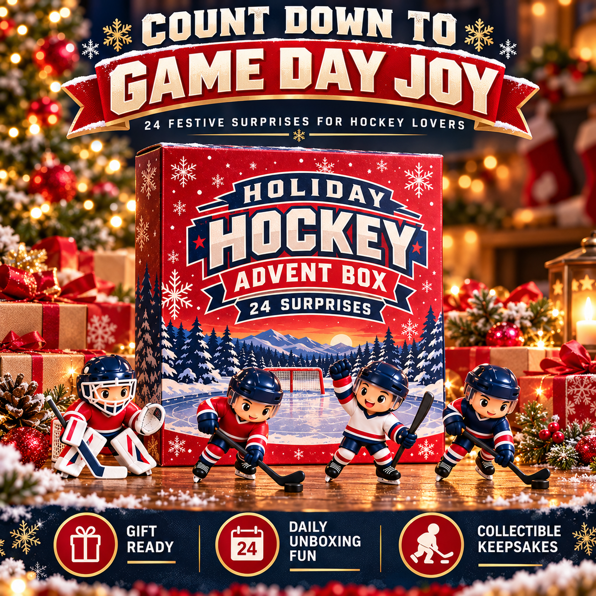 Holiday Hockey Advent Box displayed in a festive Christmas setting with four miniature hockey player characters, wrapped gifts and warm holiday lights