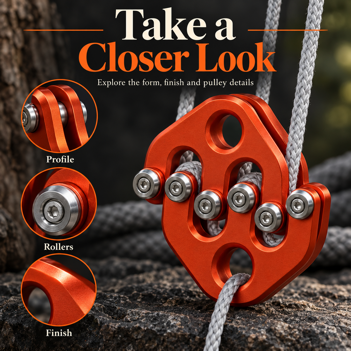 Detailed close-up of the multi-roller pulley showing its profile, roller hardware and orange-red finish