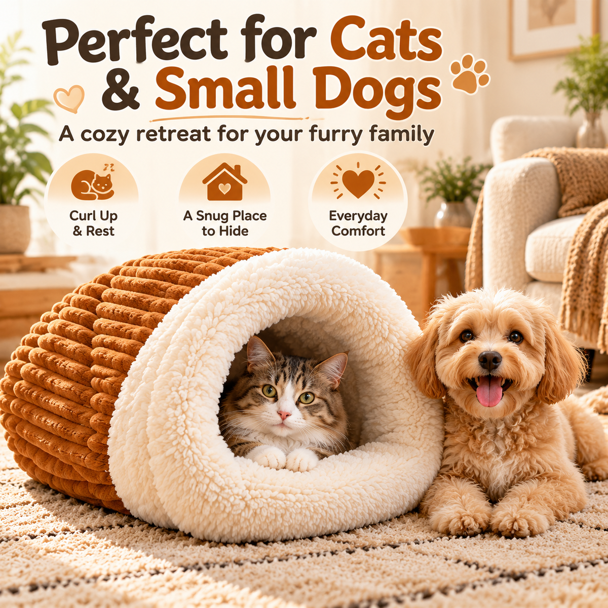 Cat beside a small dog with the caramel and cream cave-style pet bed
