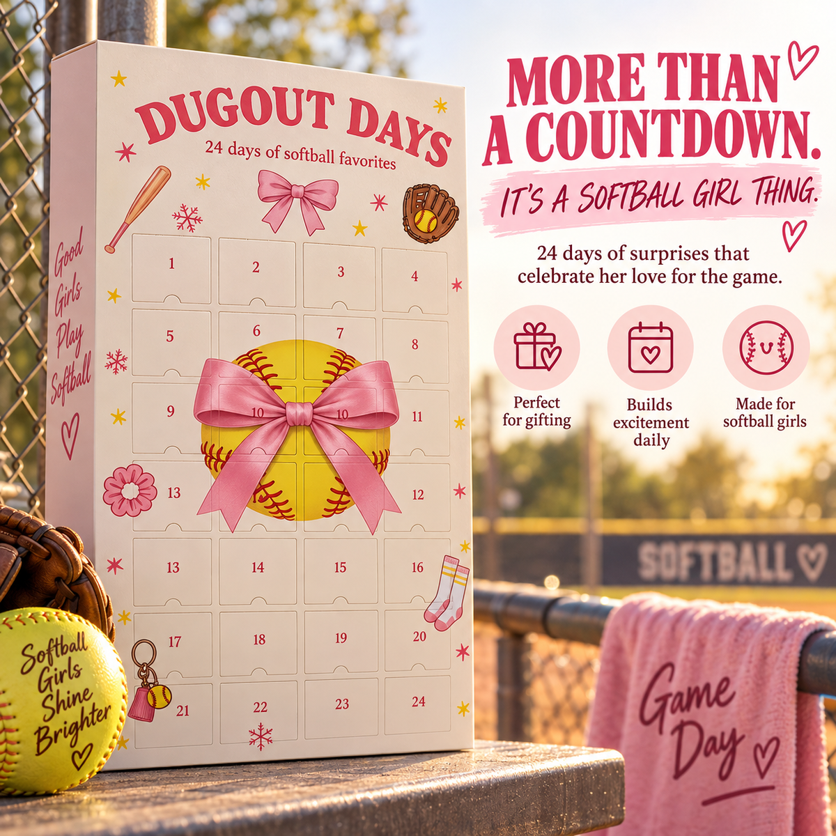 🎀 Dugout Dreams™ 24-Day Softball Advent Calendar – Christmas Surprises for Softball Girls
