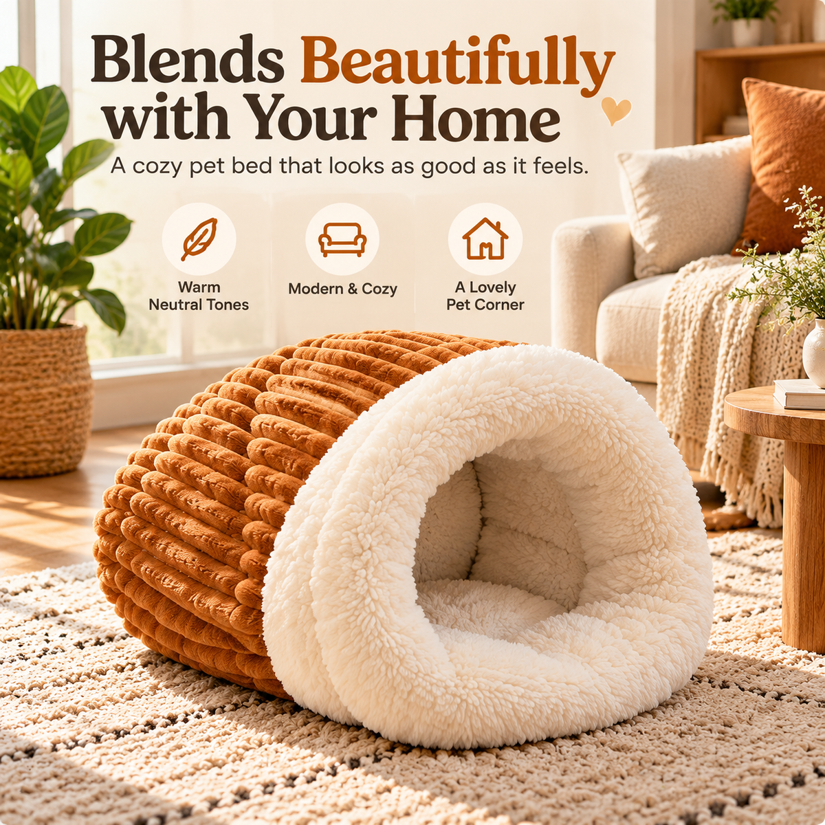 Caramel and cream cave pet bed styled in a bright neutral living room