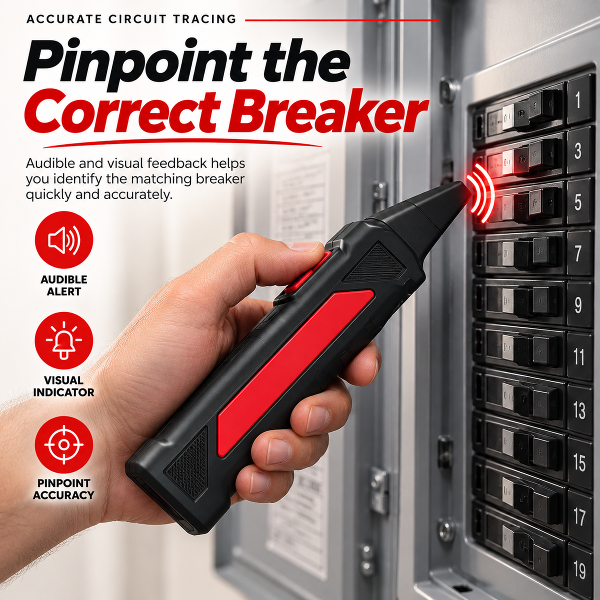 Close-up of the handheld circuit tracing receiver at a covered breaker panel with illustrated audible and visual feedback