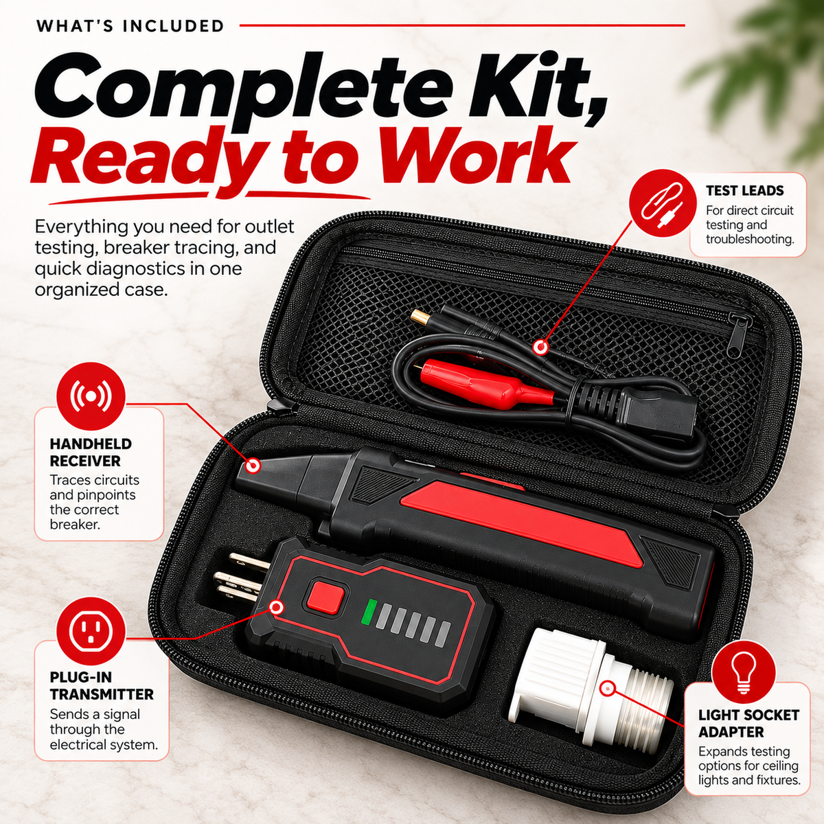 Open carry case displaying the receiver, plug-in transmitter, light socket adapter and connection leads