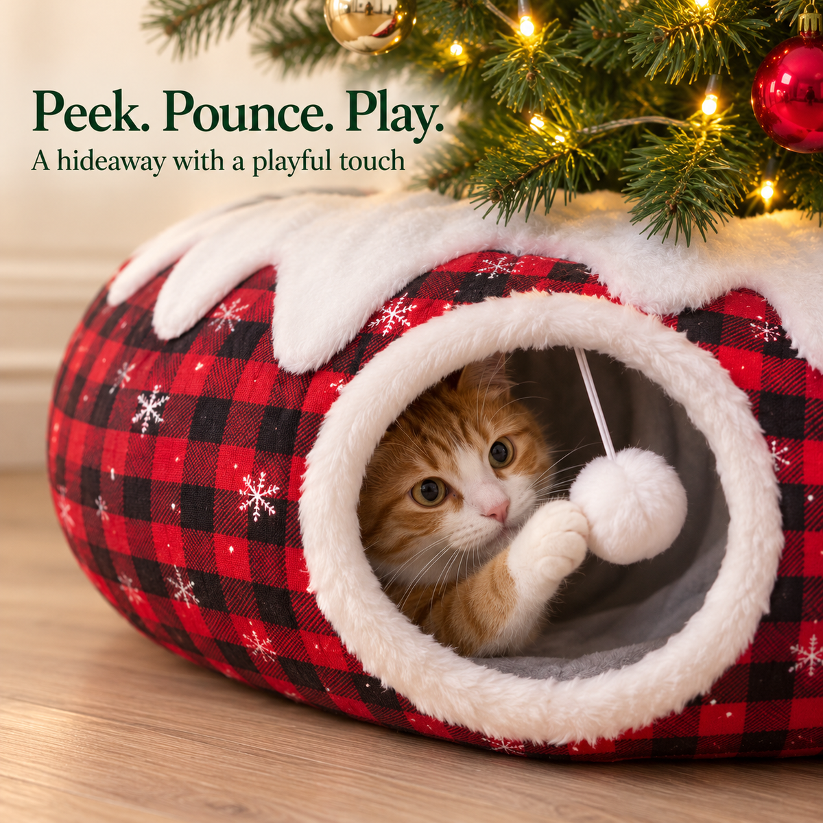 🎄 Christmas Cat Tunnel & Tree Skirt | Festive Plaid Hideaway with Hanging Pompom