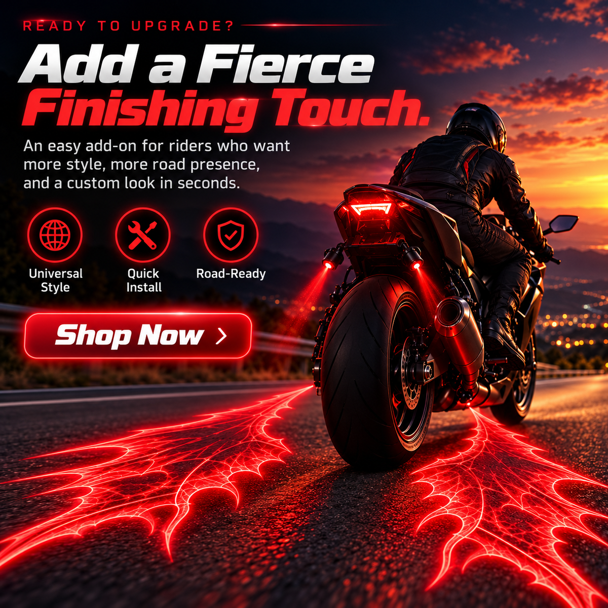 Motorcycle customized with red bat wing laser road projection lighting