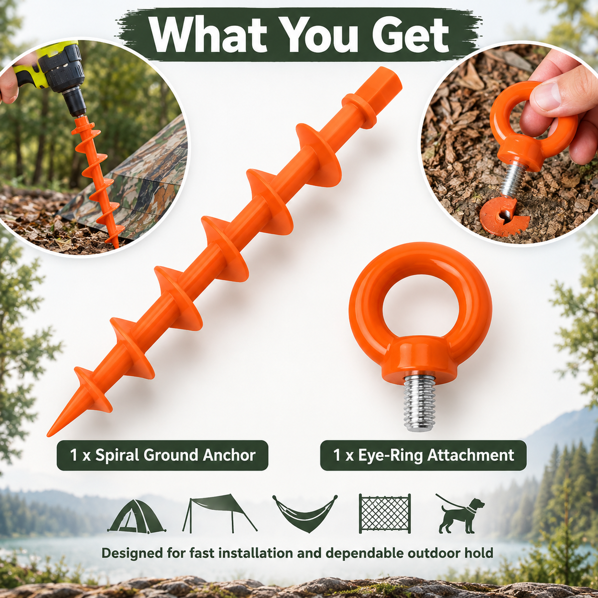 Spiral ground anchor and removable orange eye-ring attachment included in set