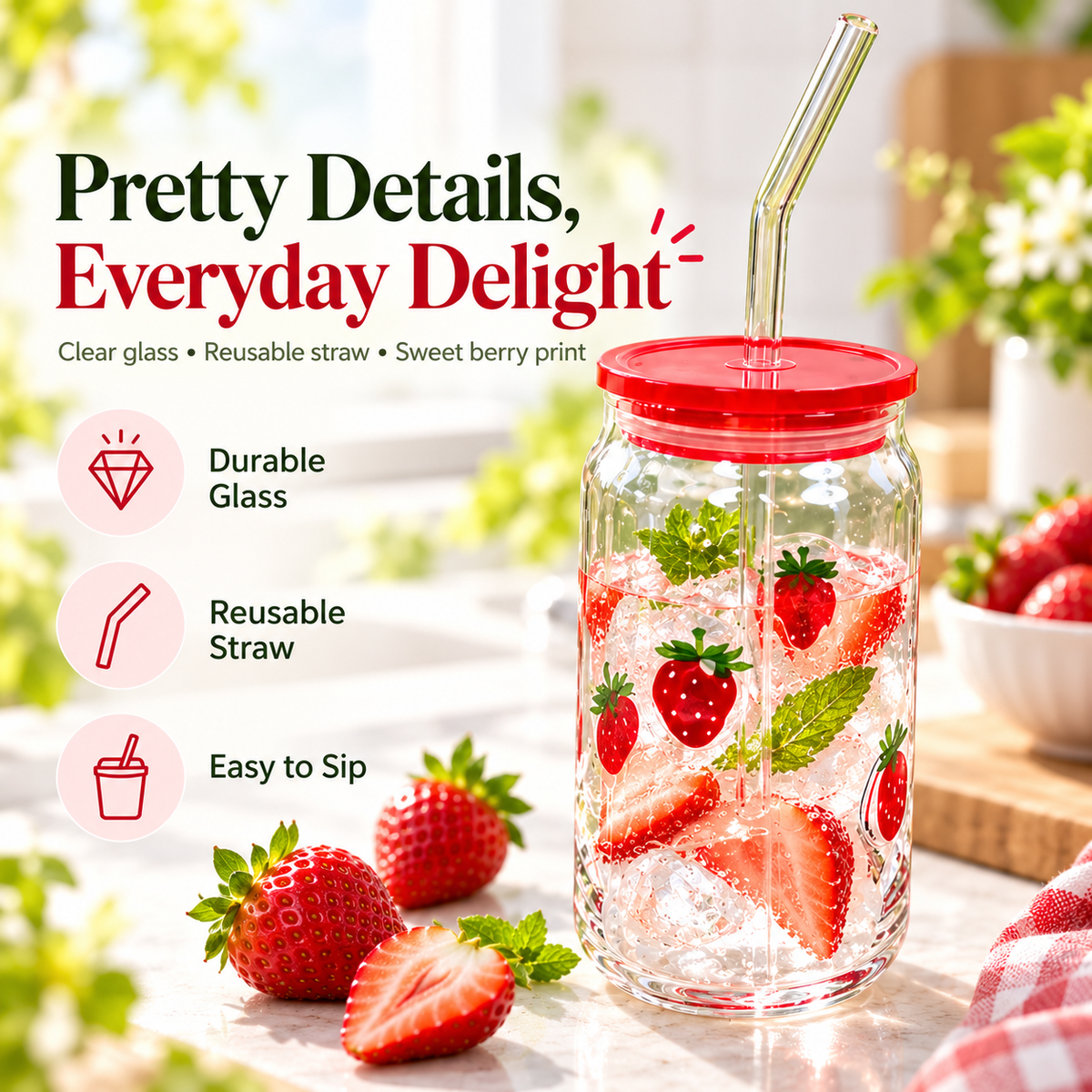 Glass Tumbler with Lid and Straw, Reusable Clear Drinking Cup for Iced Coffee, Juice, Tea, Smoothies & Cold Beverages, Aesthetic Everyday Cup