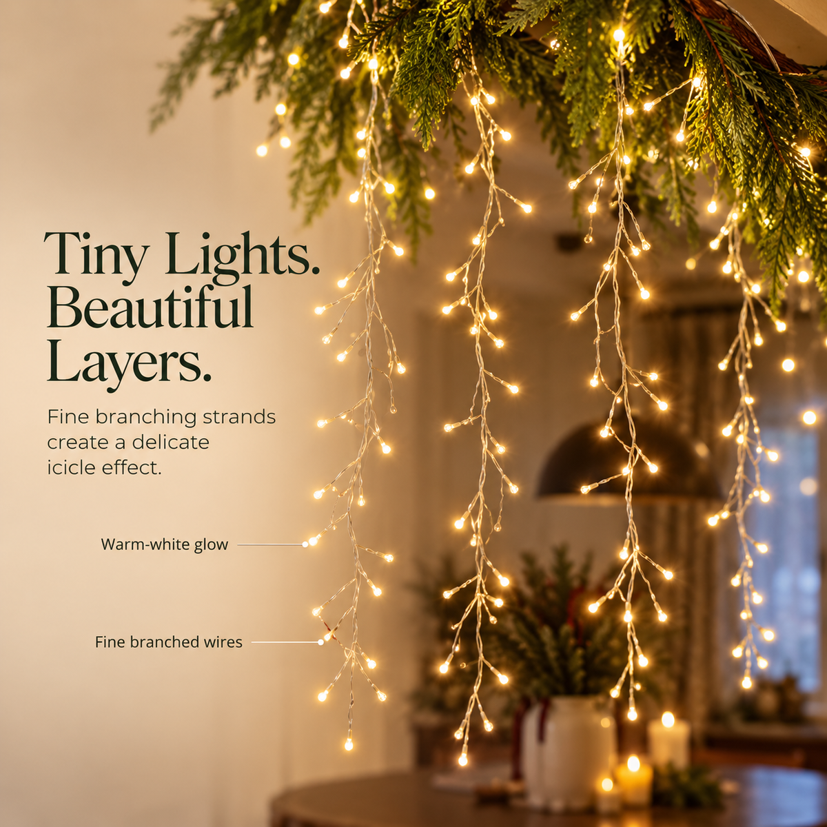 ✨ Warm White Icicle Fairy Lights – Branching Christmas Hanging Decor