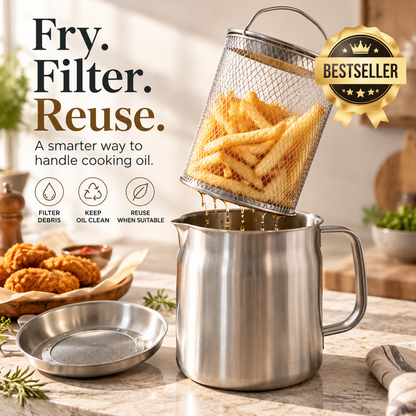 ✨ Stainless Steel Cooking Oil Filter Pot Set | Removable Mesh Basket + Drip Tray | Lift, Drain & Reuse Frying Oil 🍟🔥