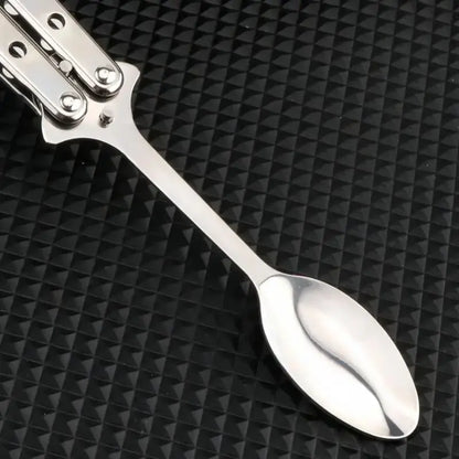 2 Pcs Butterfly Fork and Spoon Set, Tactical Butterfly Spoon Folding Stainless Steel Spork Utensil Set Balisong Trainer for Travel Camping Hunting BBQ Kitchen