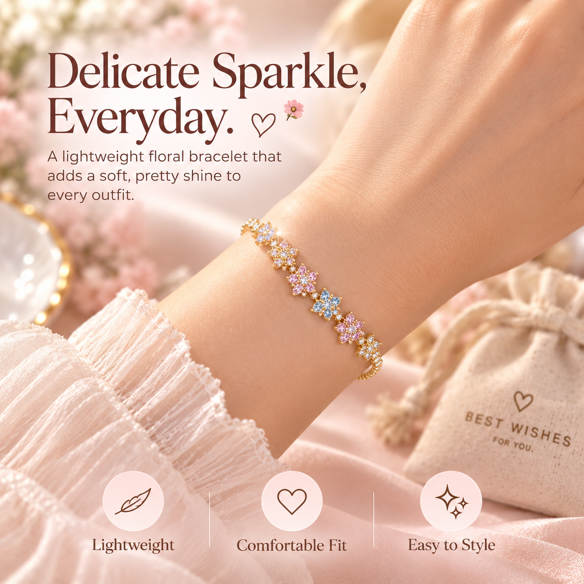 Pastel Bloom Adjustable Flower Bracelet – Delicate Crystal Gift Bracelet