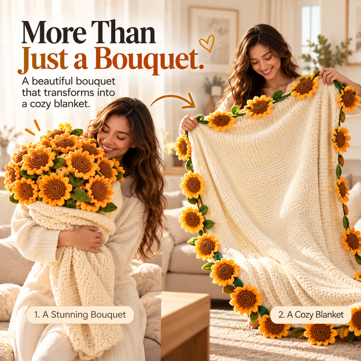 Handmade Sunflower Bouquet Blanket – Crochet Flower Blanket, Unique Gift for Her