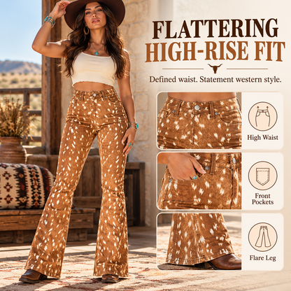 🤎 Cow Print Flare Jeans – Western Vintage Style