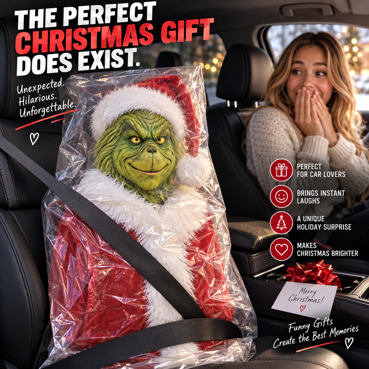 🚗 GrinchRide™ Remote-Controlled Christmas Car Prank – Animated Headrest Holiday Decoration