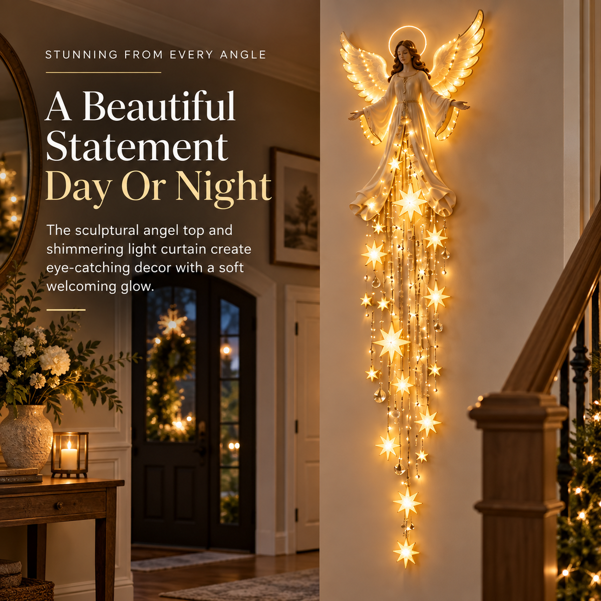 Christmas Angel Wall Light Decor, Warm LED Lighted Angel with Hanging Star Lights, Elegant Holiday Wall Decoration for Home, Living Room, Bedroom & Entryway