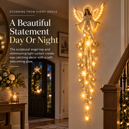 Christmas Angel Wall Light Decor, Warm LED Lighted Angel with Hanging Star Lights, Elegant Holiday Wall Decoration for Home, Living Room, Bedroom & Entryway