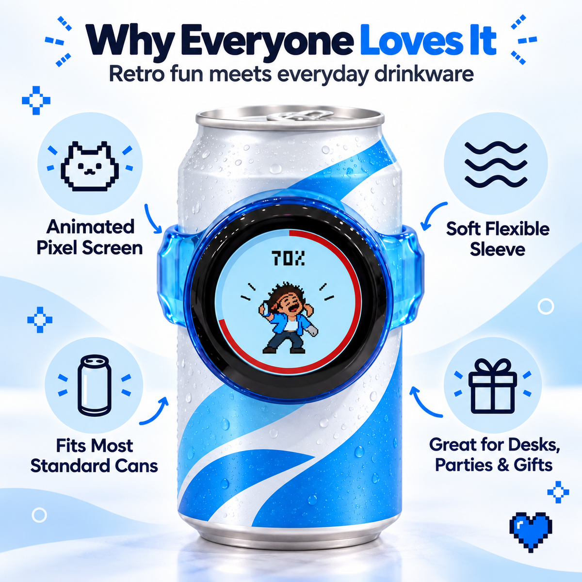 PixelBuddy™ Smart Can Companion with Interactive Pixel Display, Retro Gaming Drink Holder Sleeve for Standard Cans, Fun Desk Gadget Gift