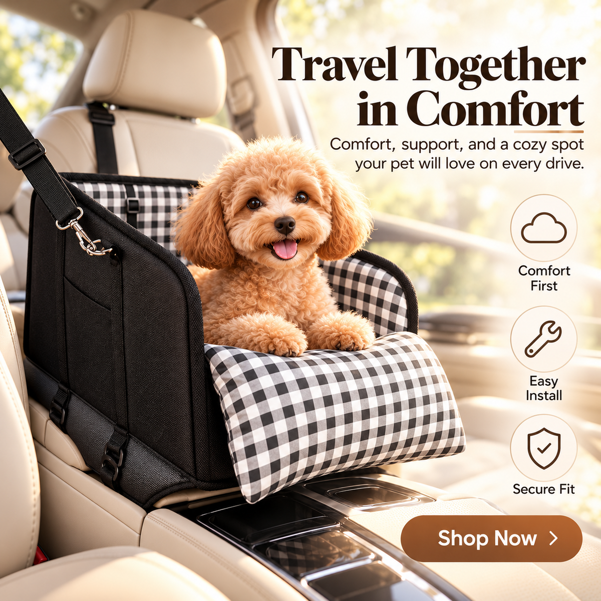 Happy fluffy apricot poodle resting inside a cozy black-and-white gingham center console dog seat