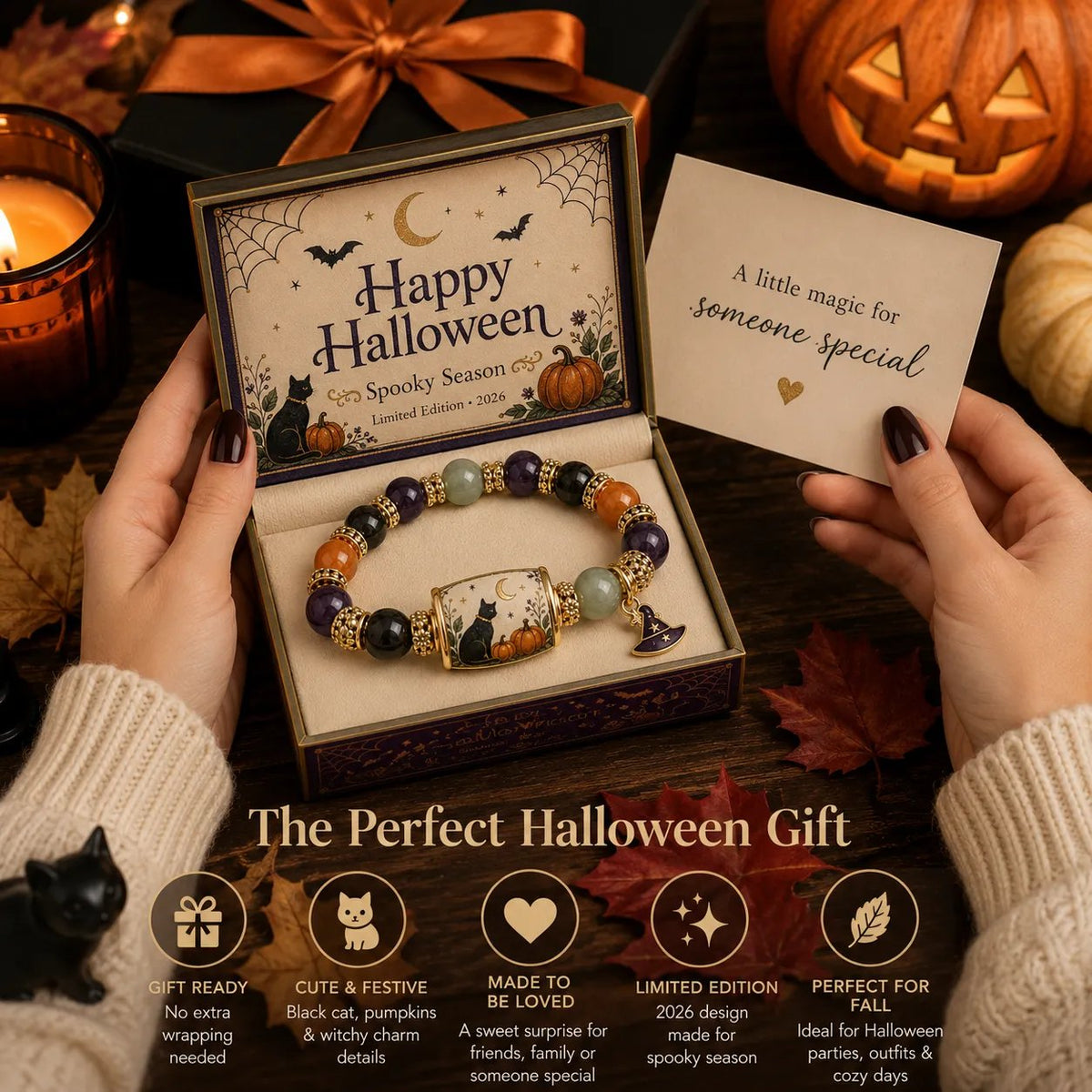 2026 Limited Edition Halloween Black Cat & Pumpkin Beaded Bracelet for Women - Natural Stone Crystal Charm Bracelet with Gift Box & Spooky Card, Cute Witchy Halloween Jewelry Gift