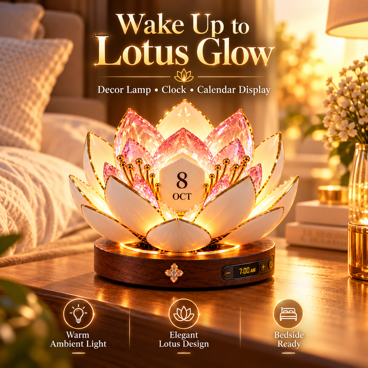 Blooming lotus calendar lamp with warm ambient light and digital clock display