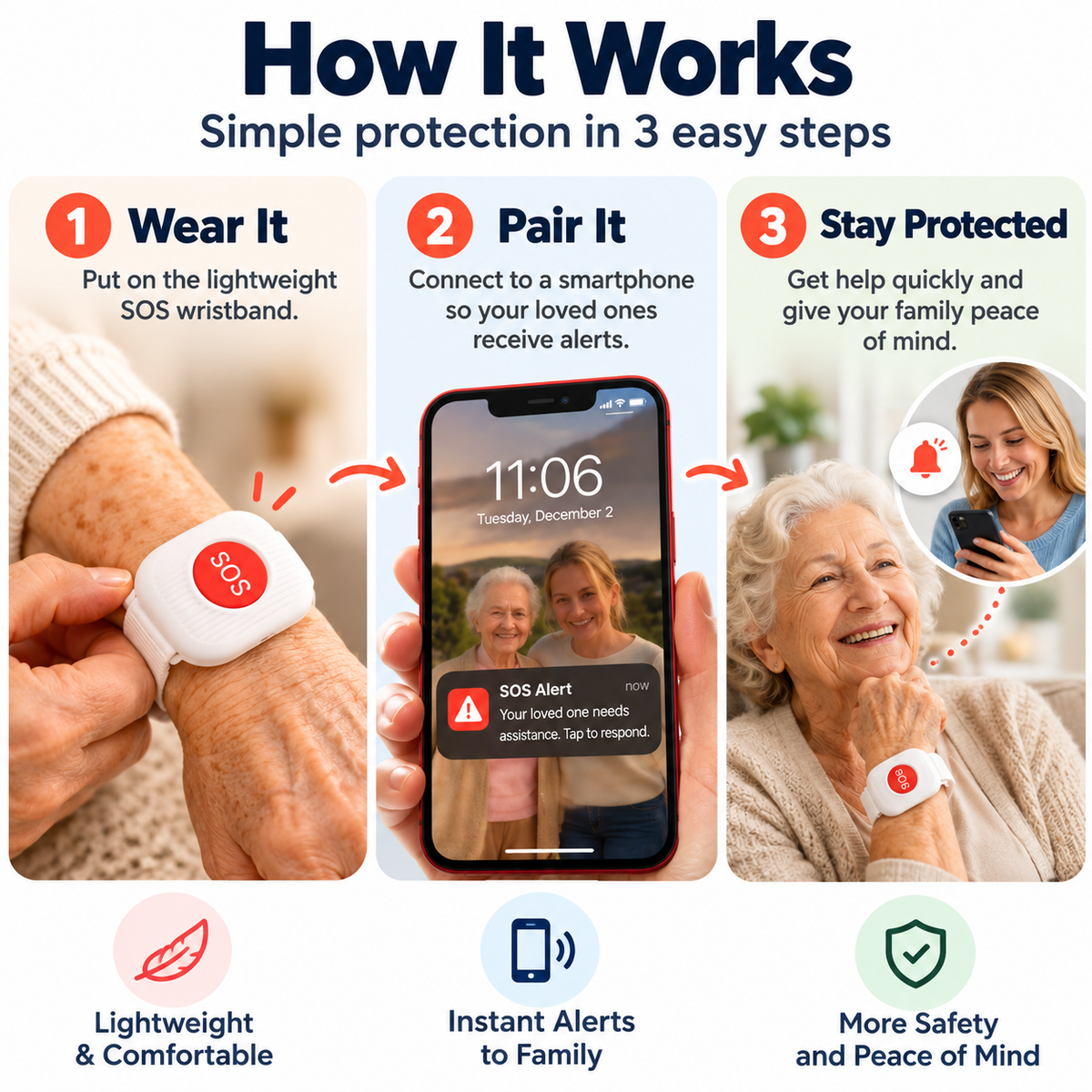 ❤️ SafeLink™ SOS Safety Watch – One-Touch Help & Fall Alert Support for Seniors