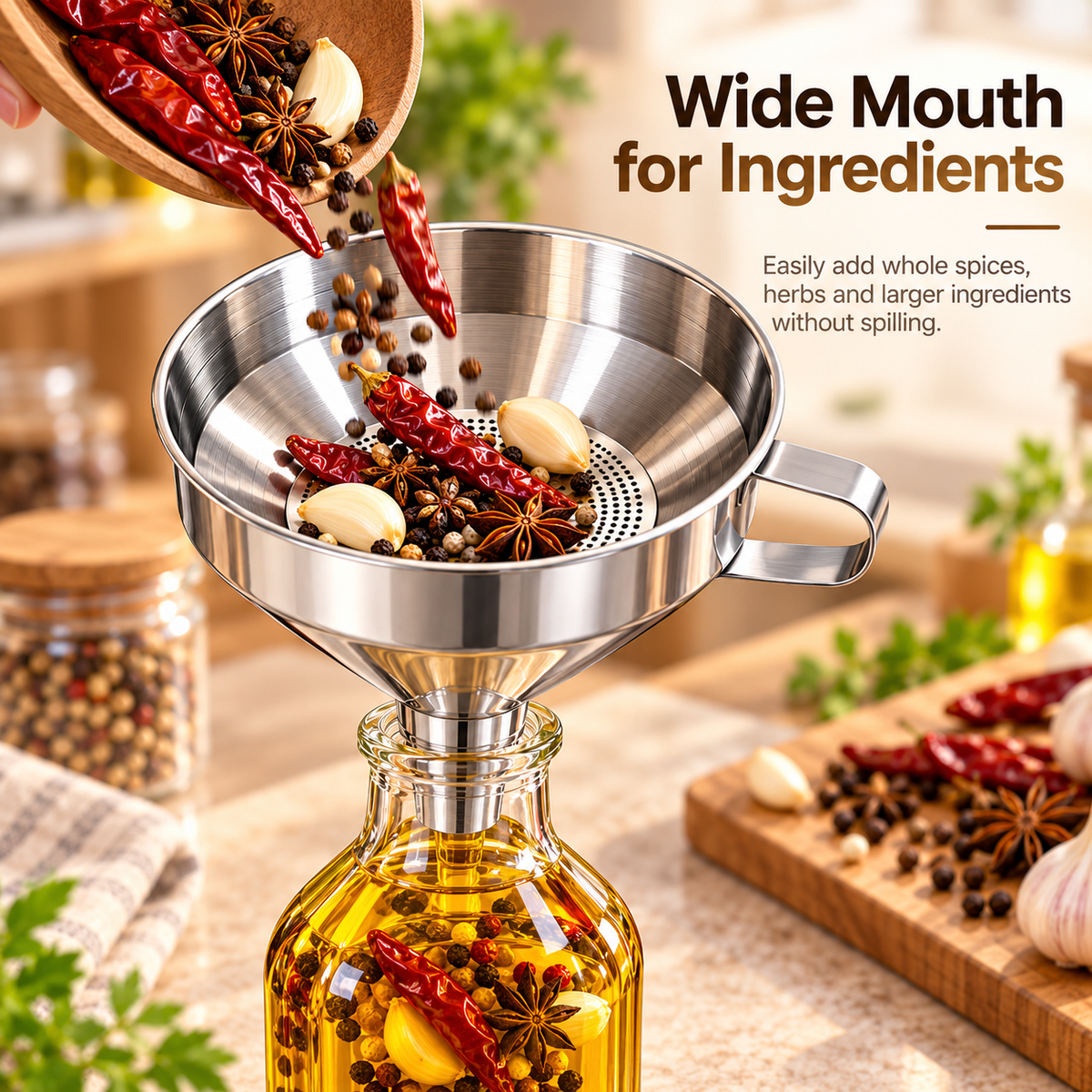 Wide mouth funnel for herbs and spices