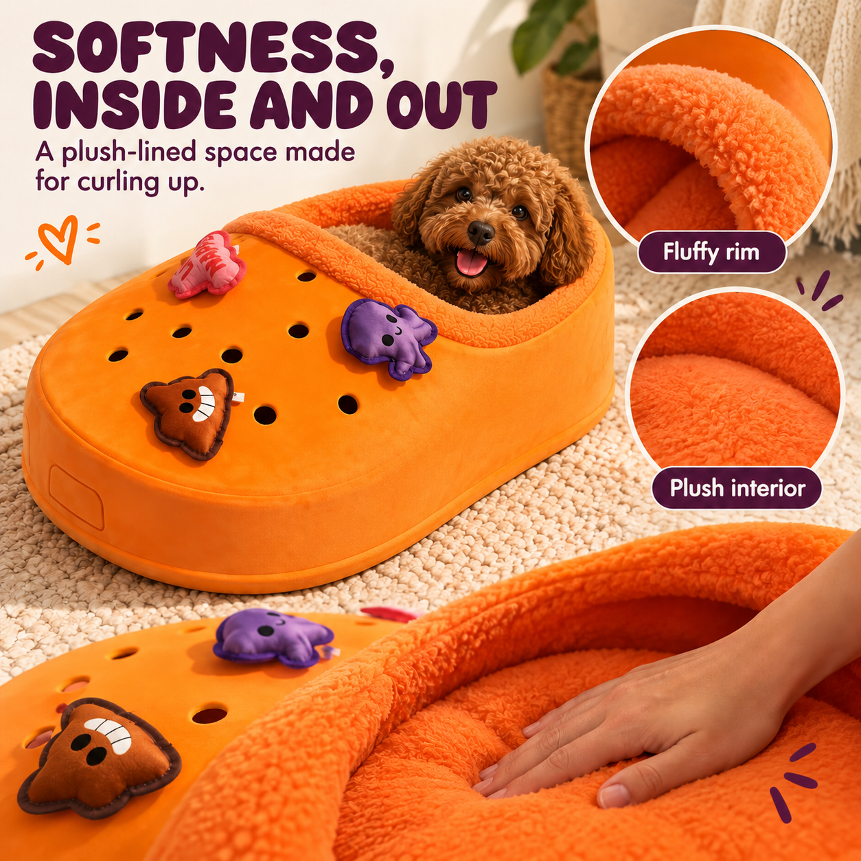 Close-ups of the fluffy entrance rim and plush interior of the orange pet bed