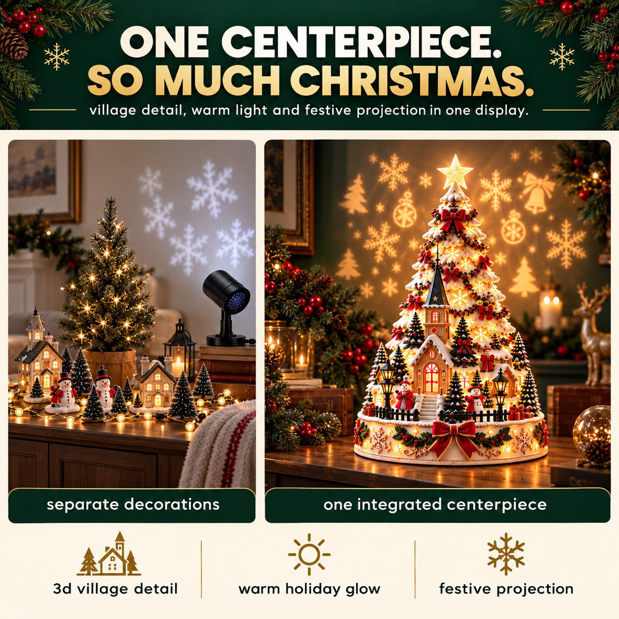 Comparison of separate Christmas decorations and one integrated lighted village tree with festive projection