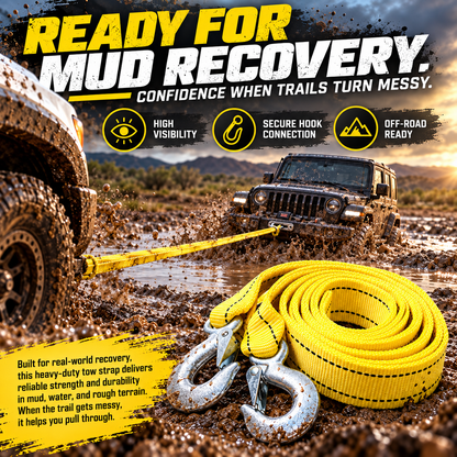 🛻 TowGuard™ Heavy-Duty Recovery Strap – Reinforced Tow Strap with Hooks for Trucks, SUVs & Off-Road Vehicles