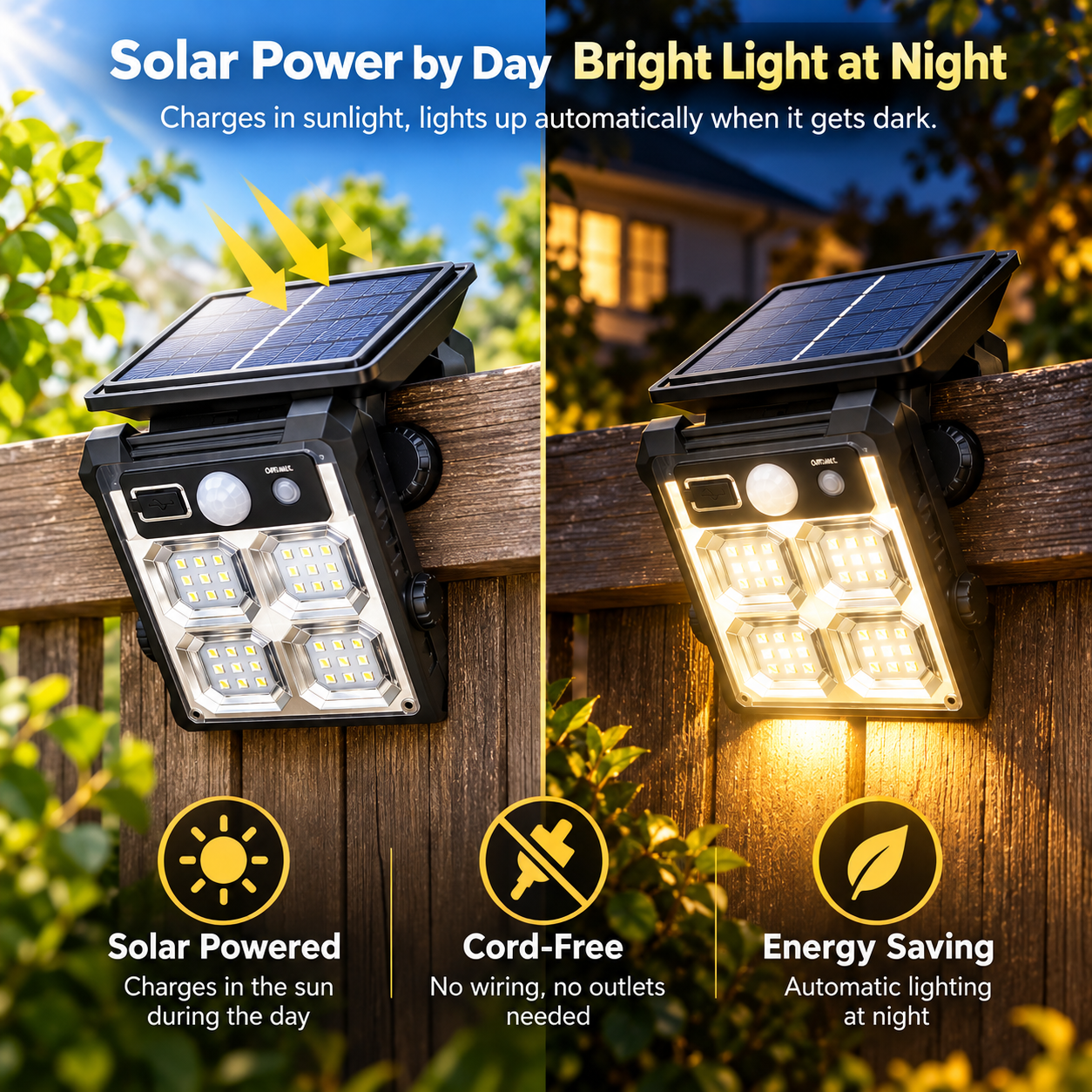 SolarClip solar panel shown charging in daylight alongside its LED lighting at night