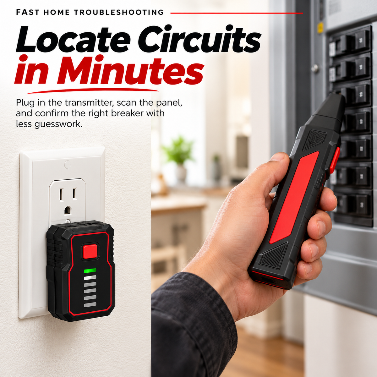 Plug-in transmitter connected to a wall outlet beside a handheld receiver being used at a covered breaker panel