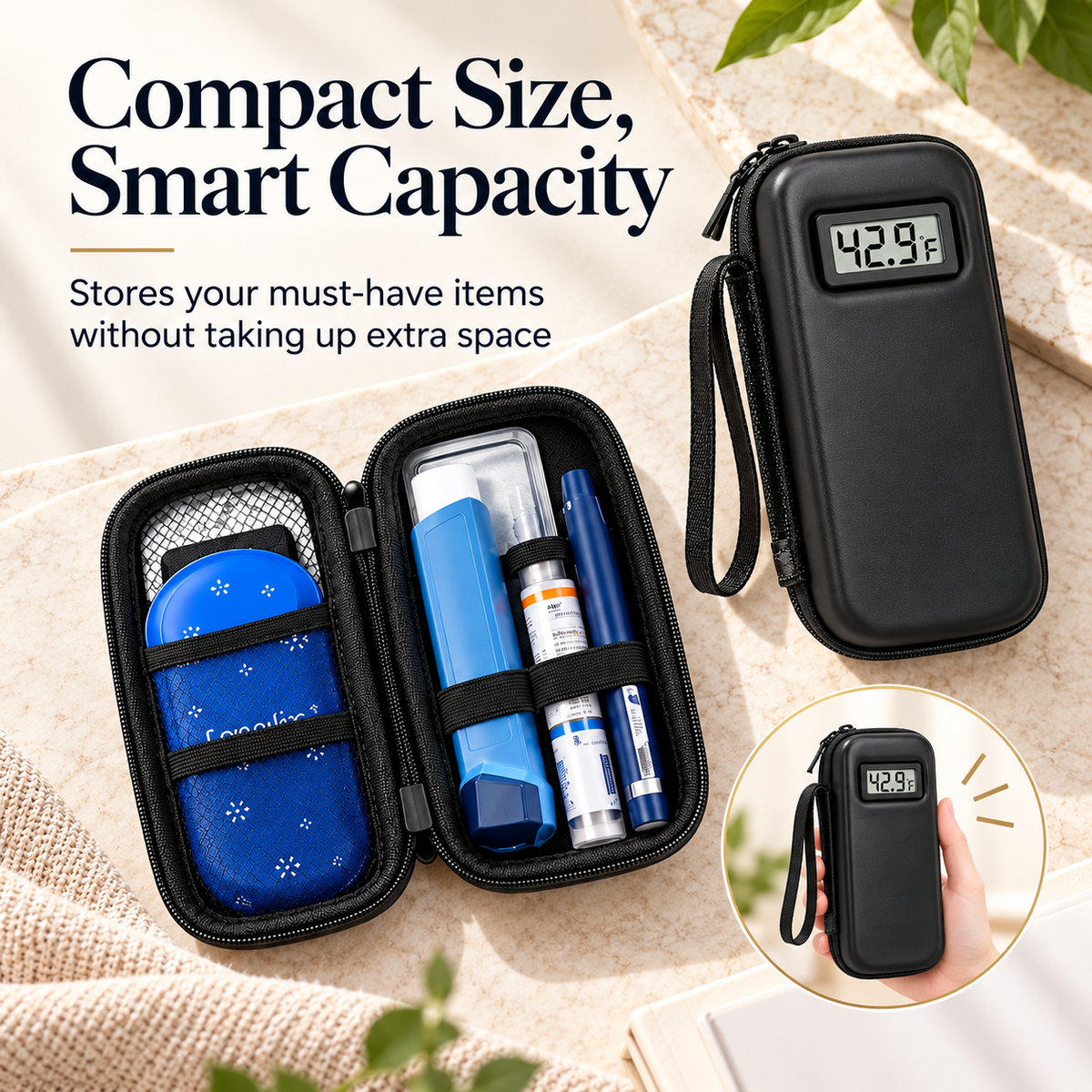 Compact insulin travel case shown open and closed to demonstrate its storage layout