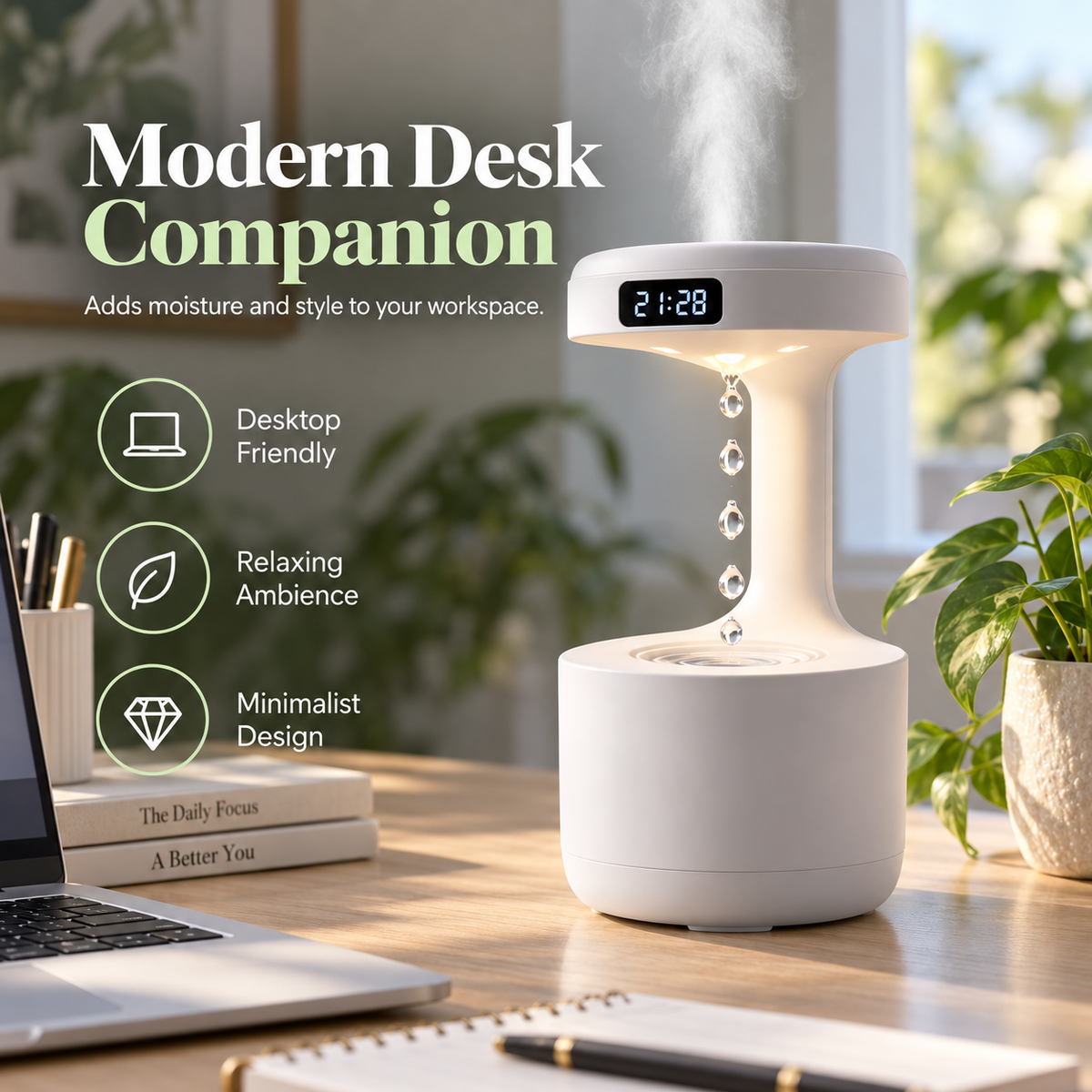 Anti-Gravity Humidifier with Floating Water Drop Effect, Quiet Desktop Cool Mist Humidifier with Soft Night Light & Digital Clock, Modern Bedside Decor for Bedroom, Office & Home