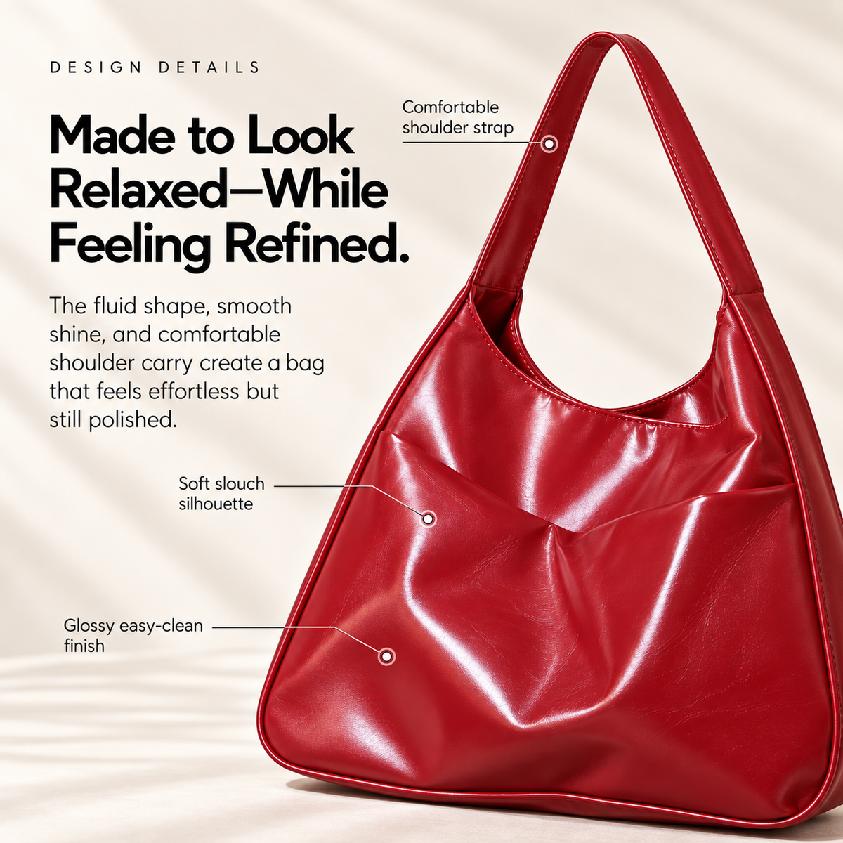 Close view of glossy slouch shoulder bag showing soft silhouette and shoulder strap