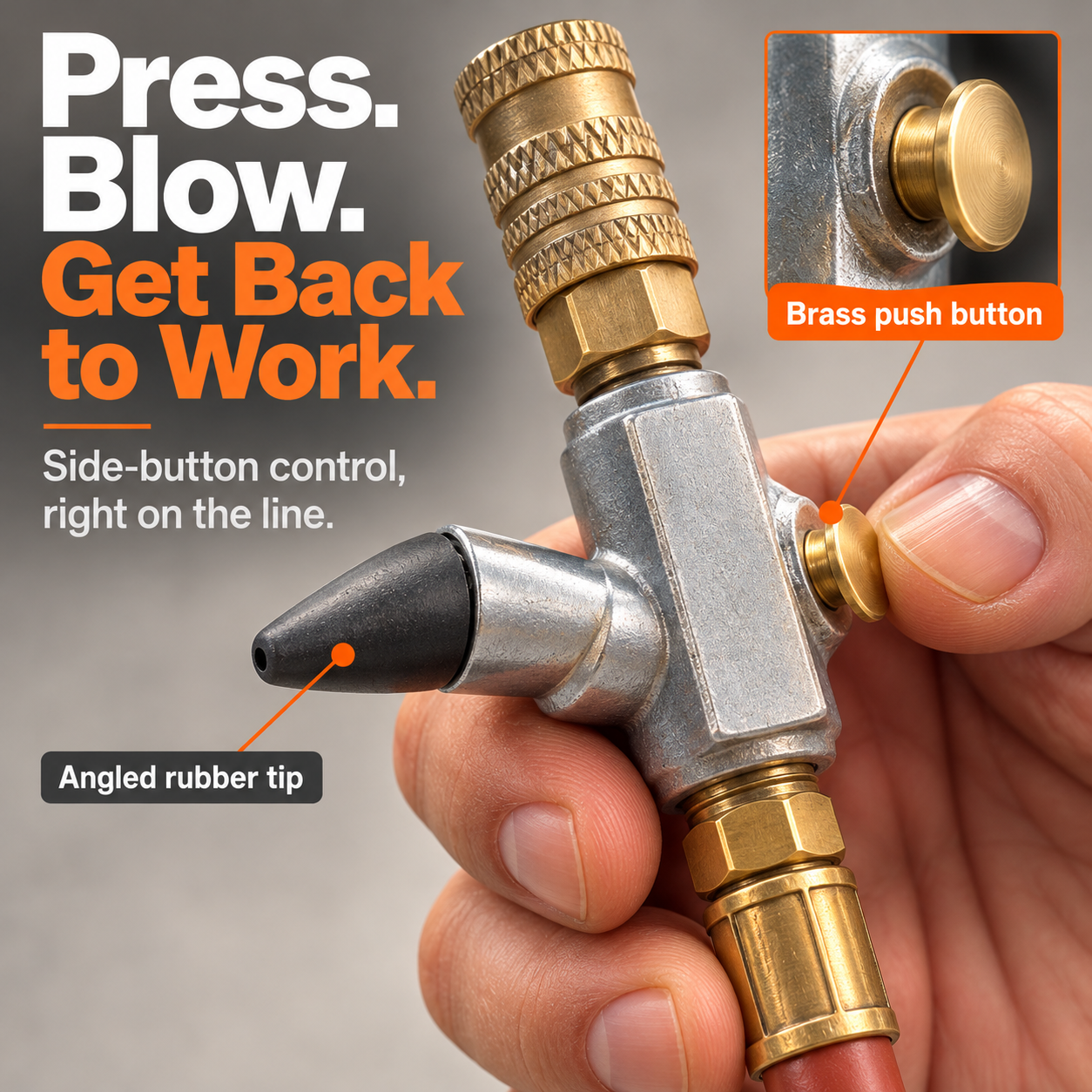 Close-up of the brass side push button and angled rubber nozzle tip