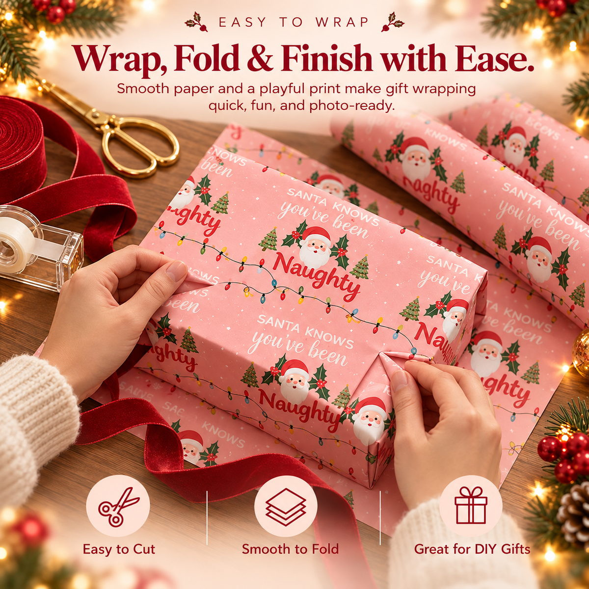 Hands wrapping a Christmas gift with pink Santa wrapping paper
