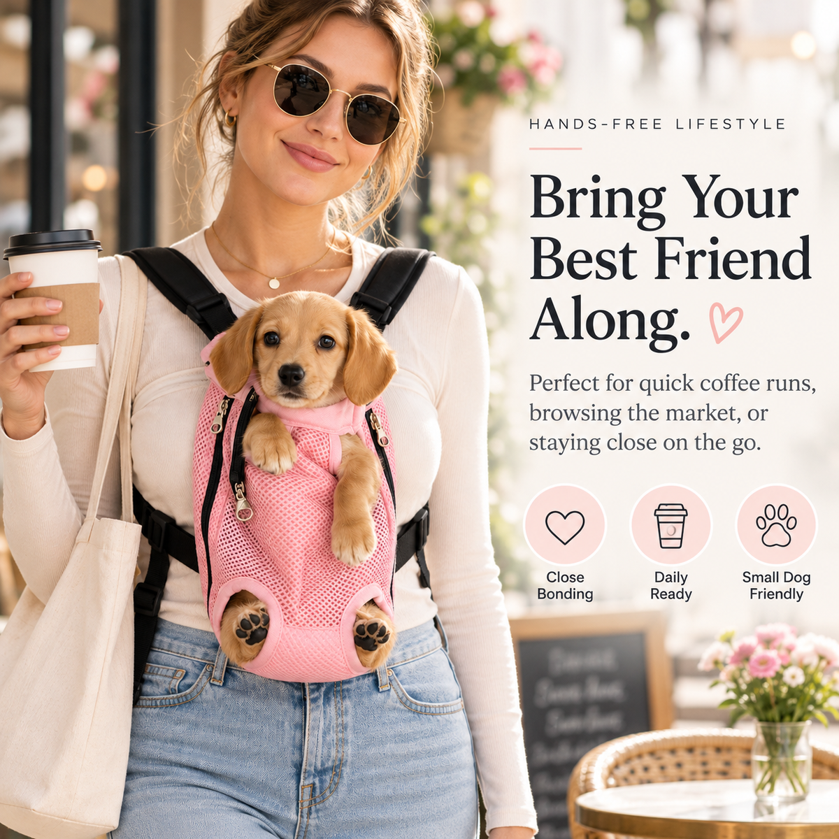 Pet owner enjoying a coffee outing with her small puppy in a hands-free pink front carrier