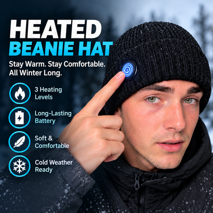 Rechargeable heated black knit beanie being switched on