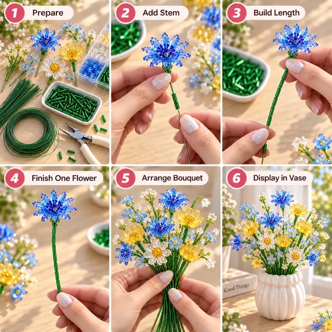 Blue and yellow beaded wildflower bouquet step by step craft