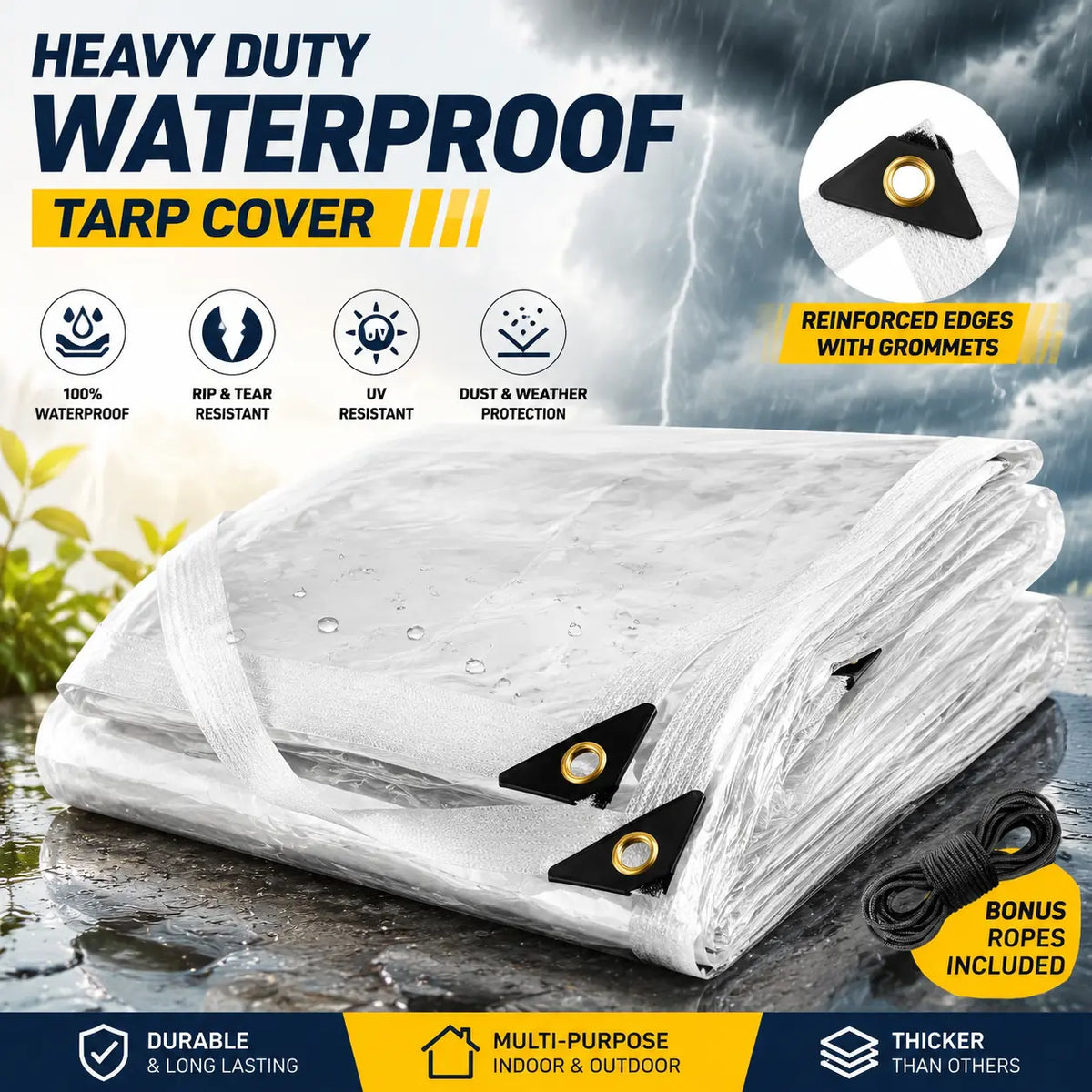 🌧️ RainShield Pro™ Transparent Waterproof Tarp – Heavy-Duty Outdoor Cover with Secure Grommets